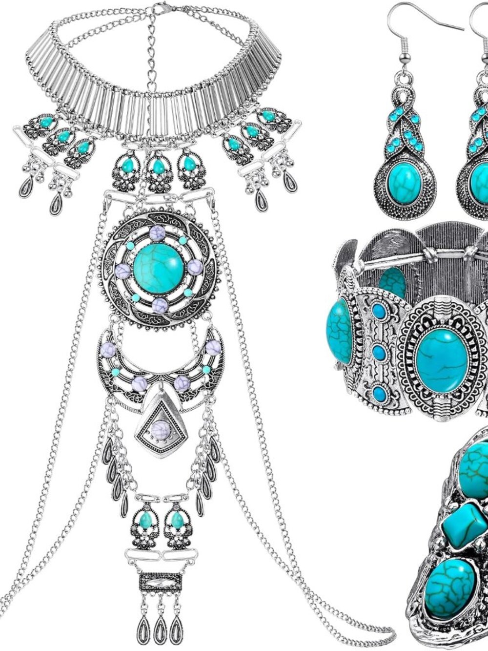 4 Pcs Boho Turquoise Jewelry Set Includes Boho Statement Necklace Body Chains Al